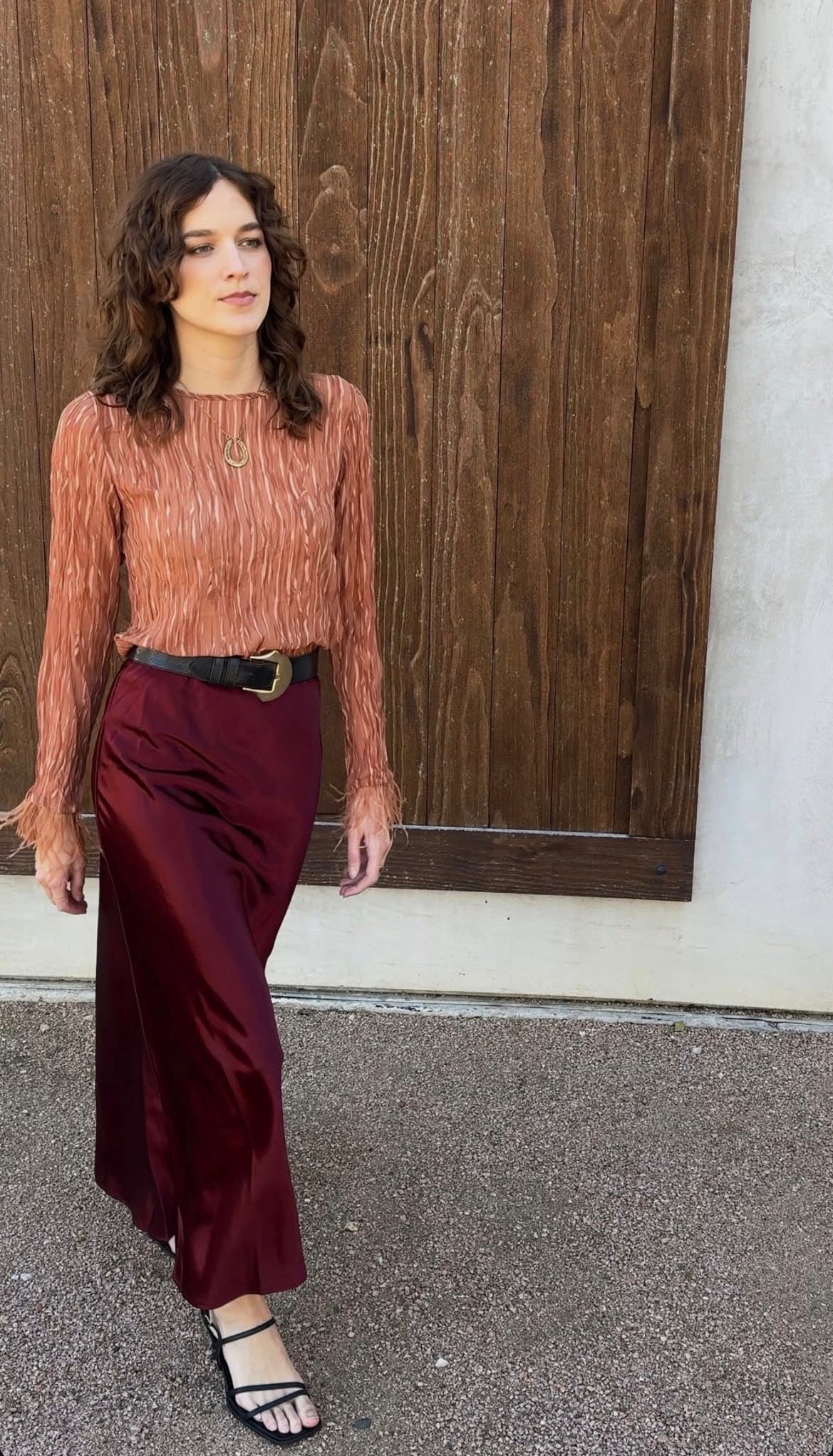 Elle Grey Satin Semi Flare Long Skirt