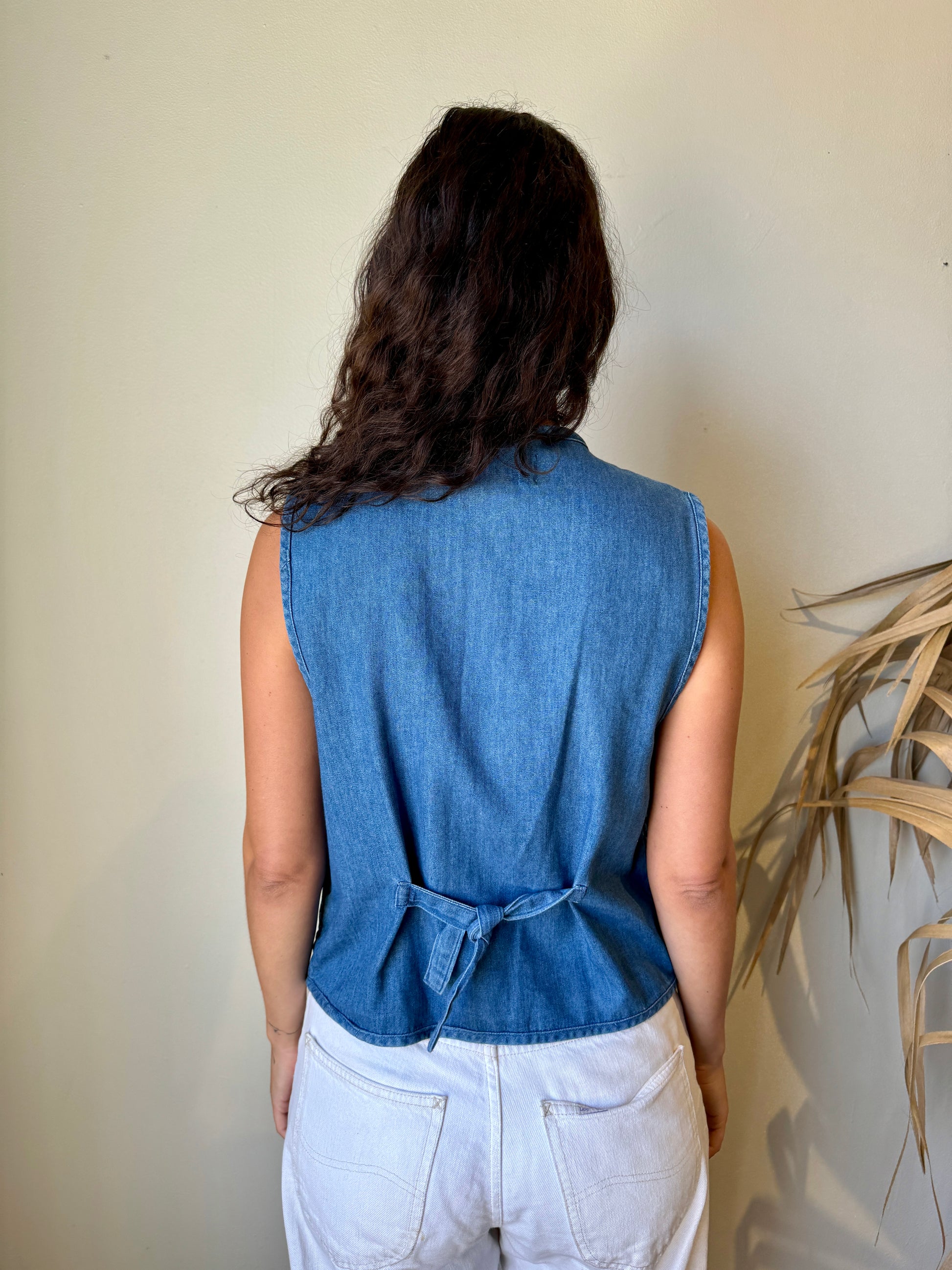 back view denim daisy vest