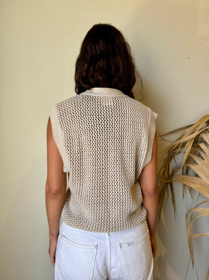 back view vintage beige knit vest metal buttons on model