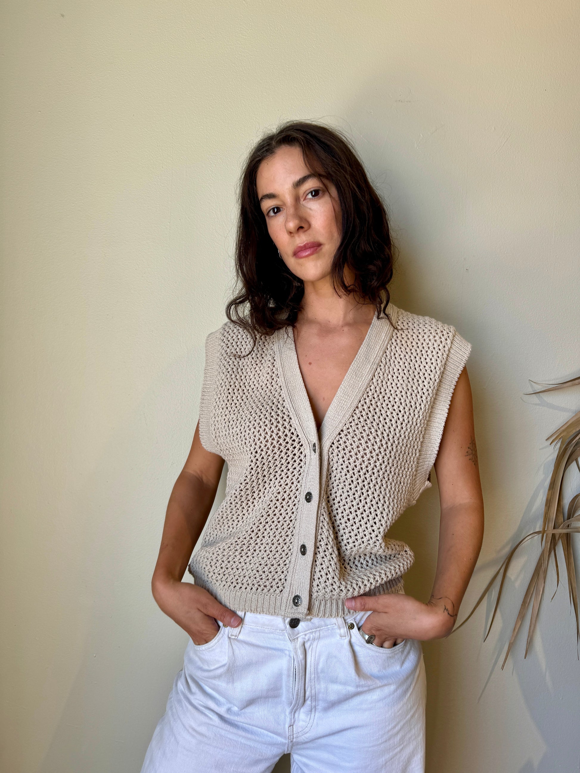 vintage beige knit vest metal buttons on model