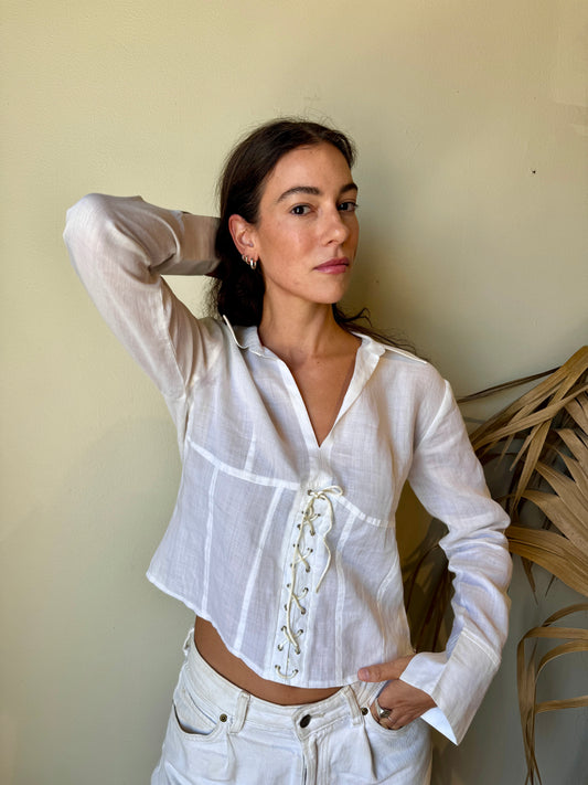 white linen corset blouse