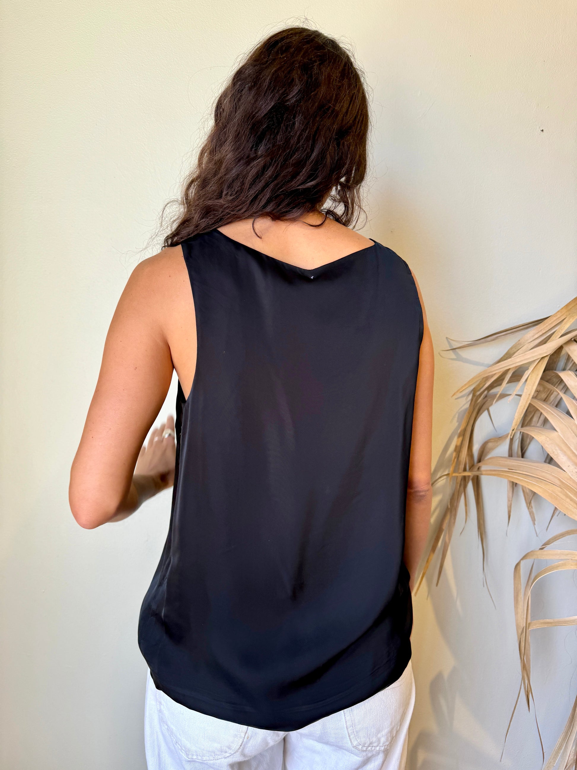 back view theory black silk asymmetrical tank