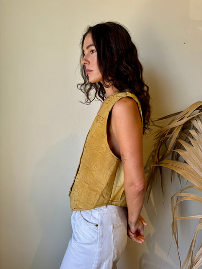 side view Tan Embroidered Suede Vest