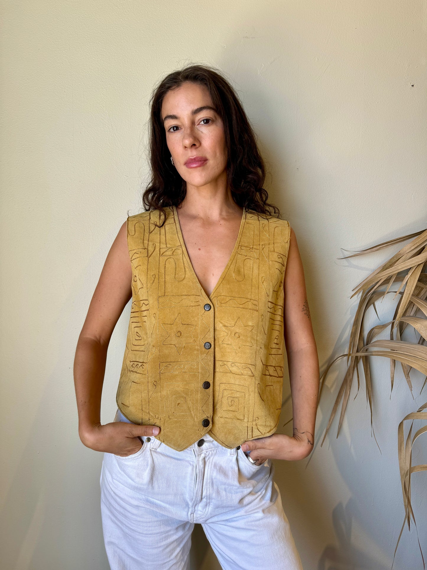 close up Tan Embroidered Suede Vest