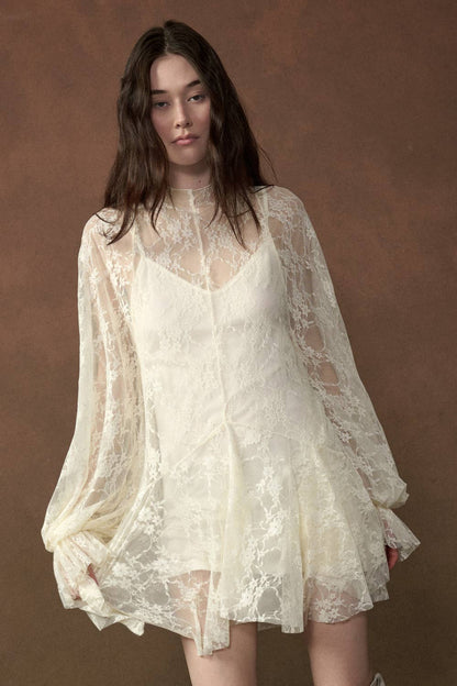 Floral Lace Layered Mock-Neck Bishop-Sleeve Mini Dress