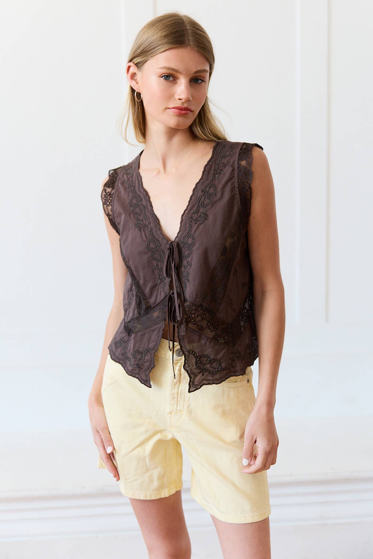 Jamie Lace Trim Tie-Front Top