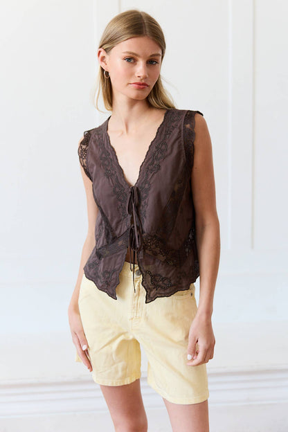 Jamie Lace Trim Tie-Front Top