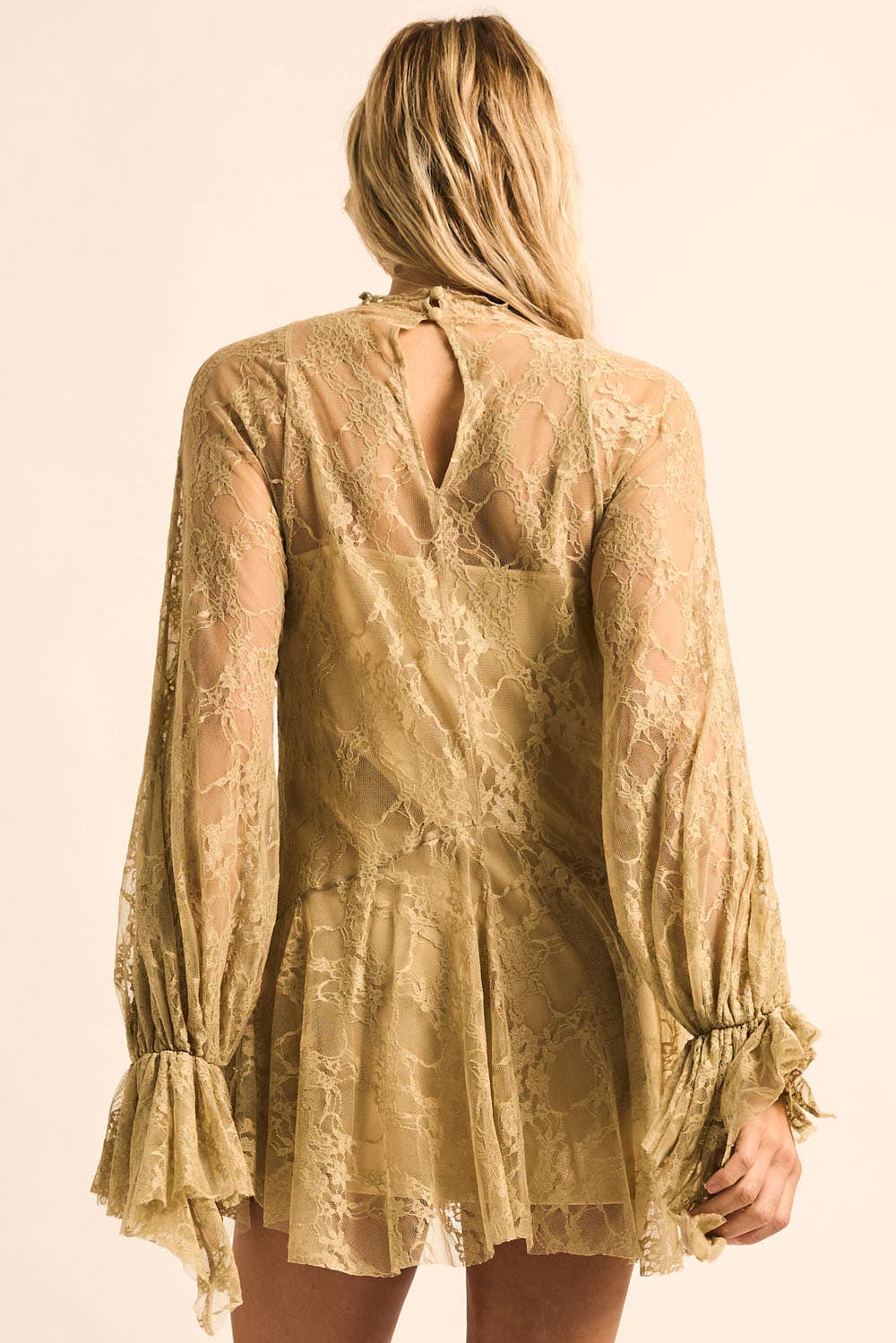 Floral Lace Layered Mock-Neck Bishop-Sleeve Mini Dress