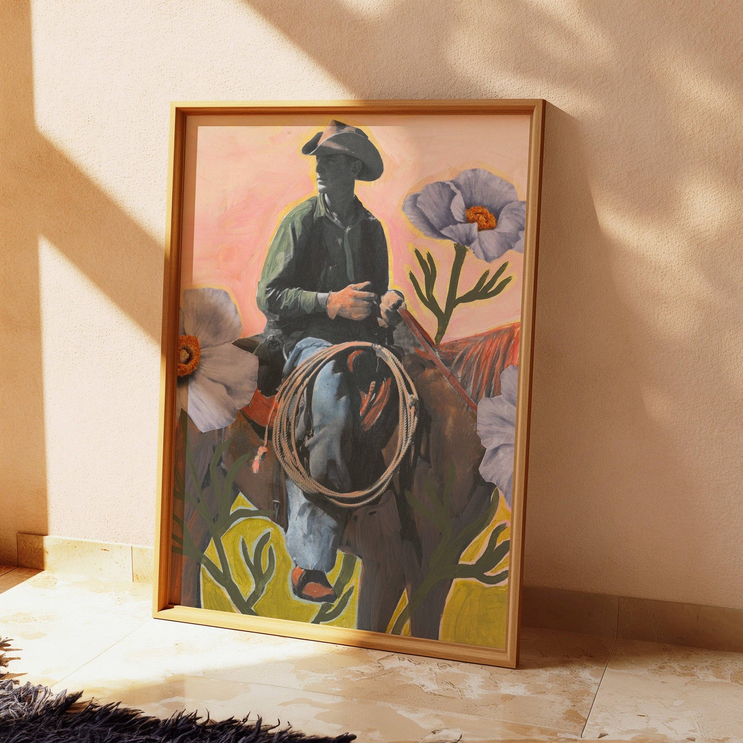 Retro Rodeo Cowboy Poppy Collage Print