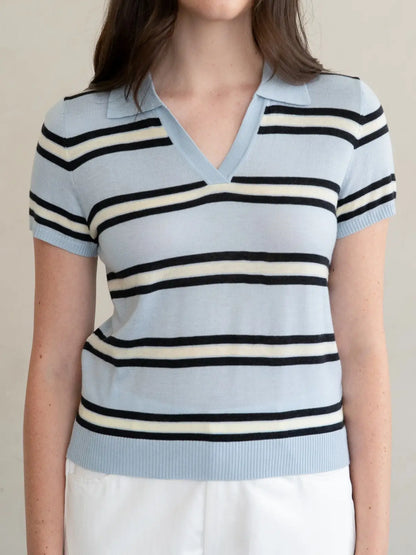 Stripe Johnny Collar Knit Top