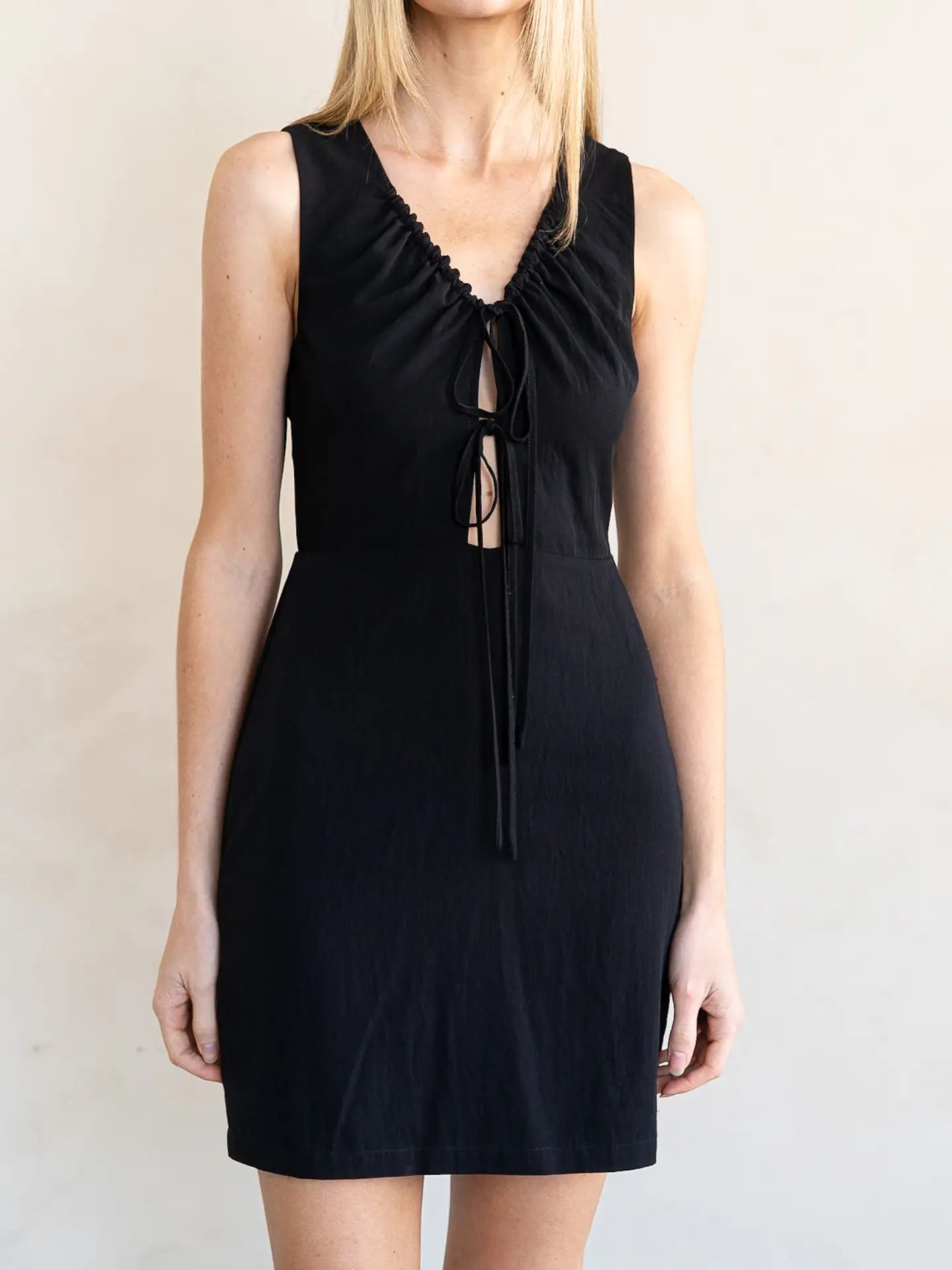 Plunging Neck Tie-Front Fitted Mini Dress