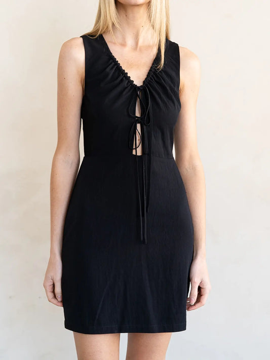 Plunging Neck Tie-Front Fitted Mini Dress