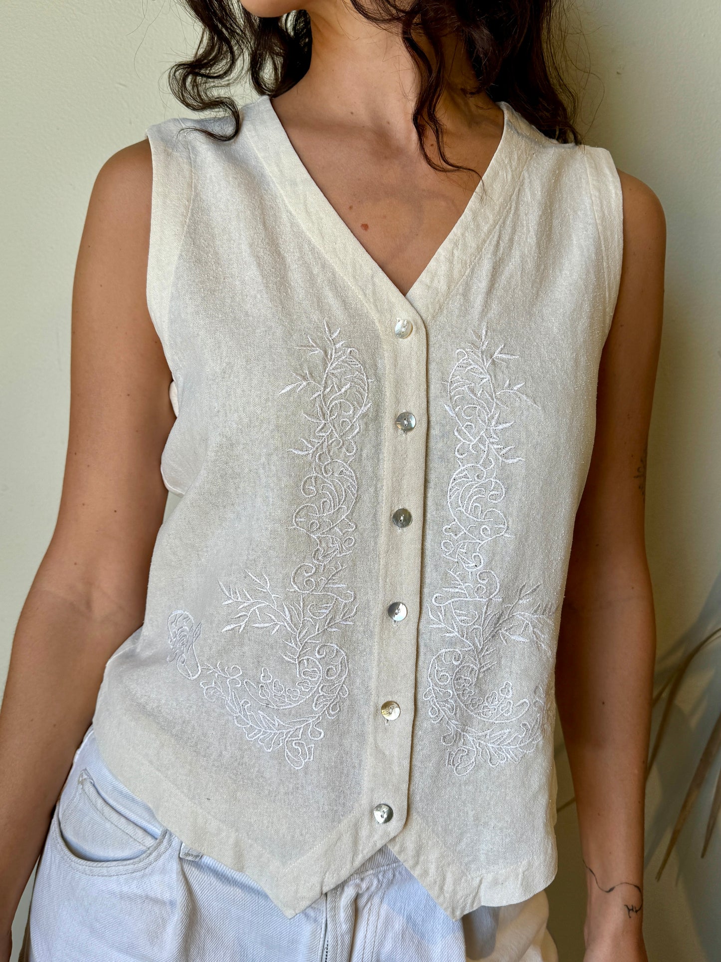 close up silk embroidered ivory vest