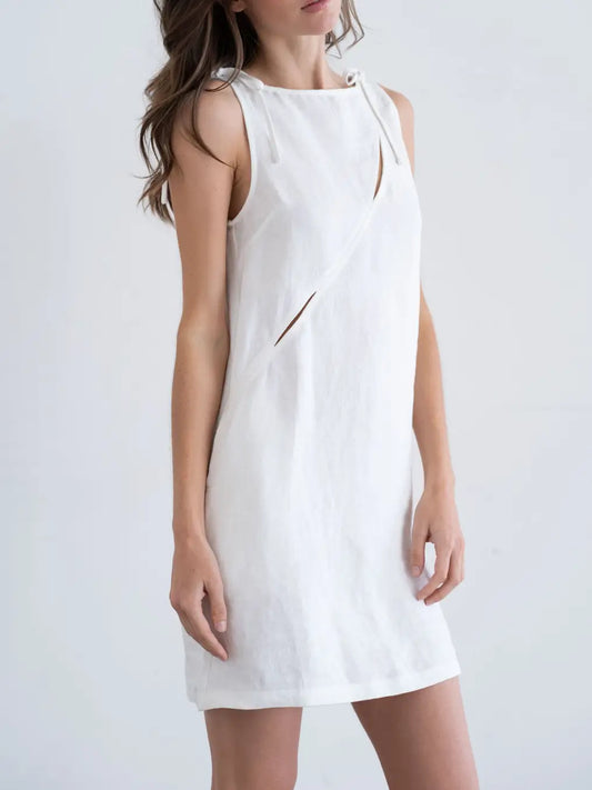 Slit Detailing Shift Linen Mini Dress